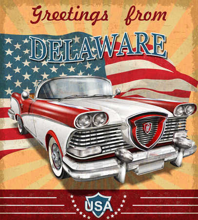 Vintage touristic greeting card with retro car.Delaware.のイラスト素材