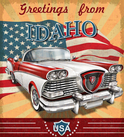 Vintage touristic greeting card with retro car.Idaho.のイラスト素材