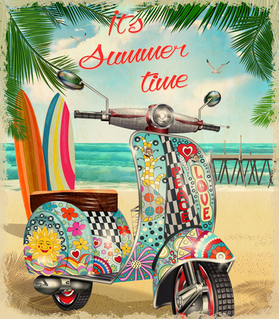 Summer poster with hippie vintage scooter.のイラスト素材
