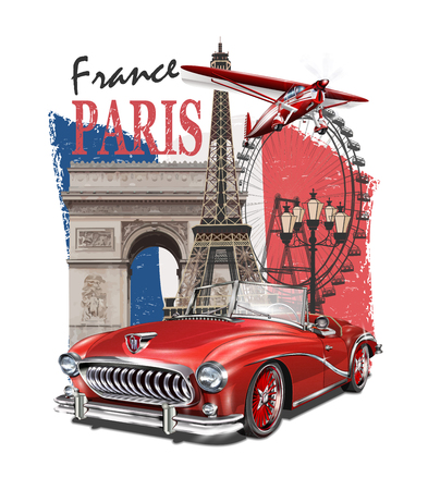 Paris typography for t-shirt print with Eiffel Tower,retro car, and plane.のイラスト素材