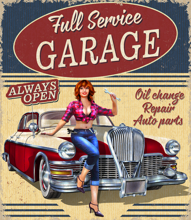 Vintage Garage retro poster with retro car and pin-up girl.のイラスト素材