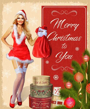 Christmas card with pin-up girl, fir-tree and gifts.のイラスト素材