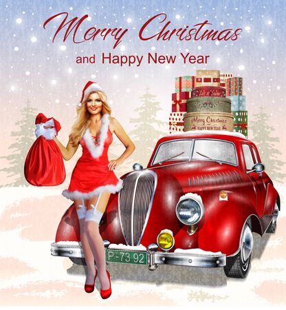 Christmas background with retro car, christmas pin-up girl and gift boxes.のイラスト素材