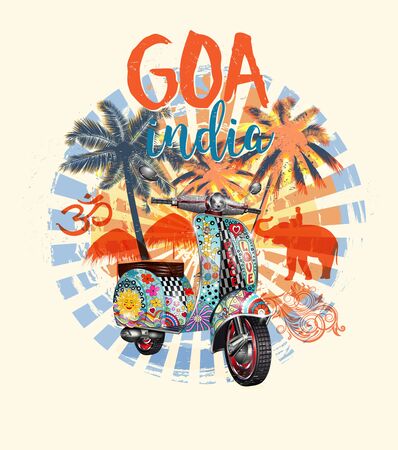 GOA, India typography for t-shirt print with beach, palm, elephant and retro scooter. Vintage poster.のイラスト素材