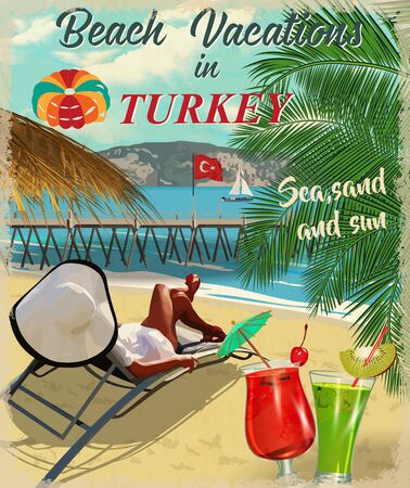 Turkey vector poster with beautiful girl relaxing on beach.のイラスト素材