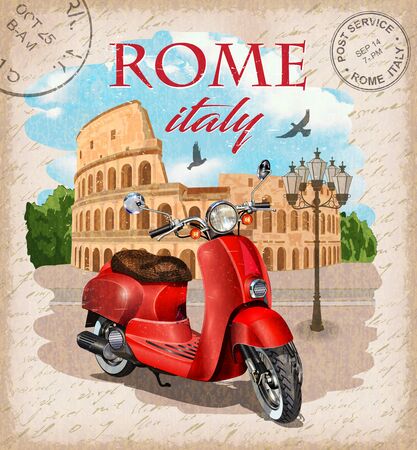Vintage touristic postcard.Rome, Italy. Retro poster with Colosseum and retro scooter.のイラスト素材