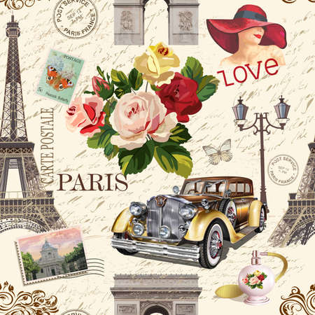 Seamless Paris vintage background with retro car, roses and Paris symbols.のイラスト素材