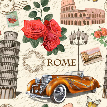Seamless Italy vintage background with retro car, roses and Italian symbols.のイラスト素材