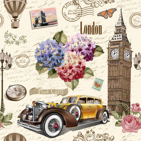 Seamless London vintage background with retro car, roses and London symbols.の写真素材