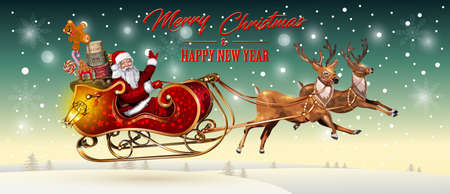 Christmas card with Santa Claus flying in a sleigh with reindeer.Merry Christmas vector illustration.のイラスト素材