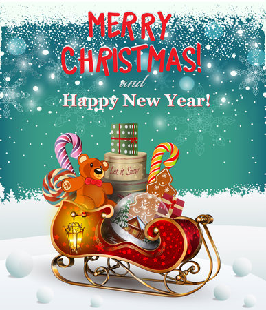 Santa sleigh with cute christmas gifts on Christmas background.Merry Christmas and Happy New Year poster.のイラスト素材