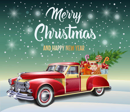Christmas  poster with Christmas gift boxes and  tree in retro red truck.のイラスト素材