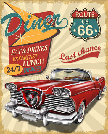 Diner route 66 vintage poster with Diner sign and retro car.