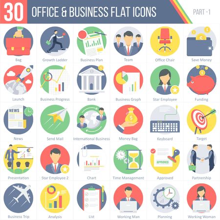 This pack contains 30 Office and Business Flat Colorful Round Icons for mobile,desktop and presentations.のイラスト素材