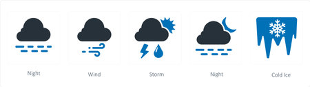 A set of 5 weather icons such as night, wind and stormのイラスト素材