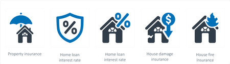 A set of 5 Insurance icons such as Property insurance and home loan interest rateのイラスト素材