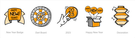 A set of 5 new year icons such as new year badge, dart boardのイラスト素材