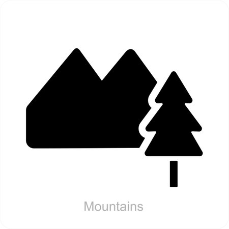 These are black and white vector illustrations of mountains and pine trees.のイラスト素材