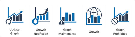 A set of 5 business icons as update graph, growth notification, graph maintenanceのイラスト素材