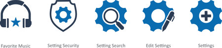 A set of 5 Contact icons as favorite music, setting security, setting searchのイラスト素材