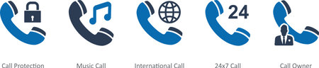 A set of 5 Contact icons as call protection, music call, international callのイラスト素材
