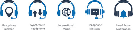 A set of 5 Contact icons as headphone location, synchronize headphone, international musicのイラスト素材