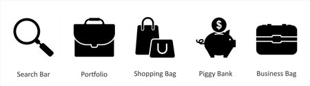 A set of 5 Mix icons as search bar, portfolio, shopping bagのイラスト素材