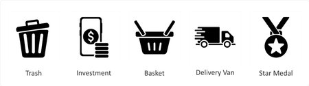 A set of 5 Mix icons as trash, investment, basketのイラスト素材
