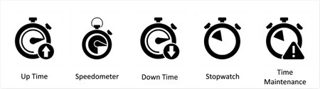 A set of 5 business icons as up time, speedometer, down time