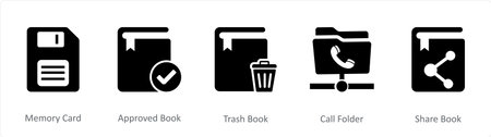 A set of 5 Document icons as memory card, approved book, trash bookのイラスト素材