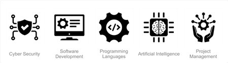 A set of 5 Hard Skills icons as cyber security, software development, programming languagesのイラスト素材