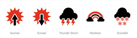A set of 5 Mix icons as sunrise, sunset, thunderstormのイラスト素材