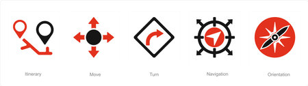 A set of 5 Direction icons as itinerary, move, turnのイラスト素材