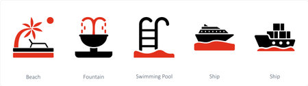 A set of 5 mix icons as beach, fountain, swimming poolのイラスト素材