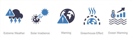 A set of 5 climate change icons as extreme weather, solar irradiance, warningのイラスト素材