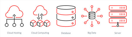 A set of 5 data analytics icons as cloud hosting, cloud computing, databaseのイラスト素材