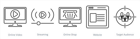 A set of 5 digital marketing icons as online video, streaming, online shopのイラスト素材