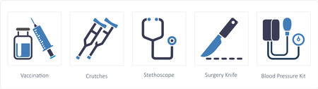 A set of 5 medical icons such as Vaccination, Crutches, Stethoscopeのイラスト素材