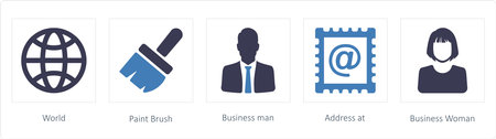 A set of 5 business icons such as World, Paint Brush, Business manのイラスト素材