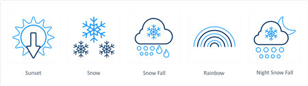 A set of 5 weather icons such as sunset, snow, snow fallのイラスト素材