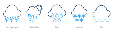 A set of 5 Mix icons as thunderstorm, rainy day, rainのイラスト素材