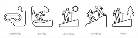 A set of 5 Adventure icons as snorkeling, surfing, adventureのイラスト素材