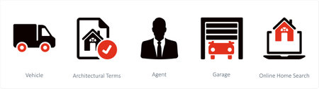 A set of 5 business icons such as Vehicle, Architectural Termsのイラスト素材