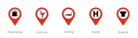 A set of 5 location icons such as Shopping Bag, Cold Drinkのイラスト素材