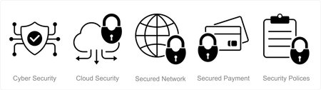 A set of 5 security icons as cyber security, cloud security, secured networkのイラスト素材