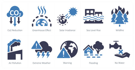 A set of 10 climate change icons as co2 reduction, greenhouse effect, solar irradianceのイラスト素材