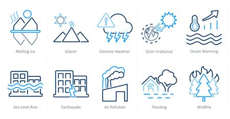 A set of 10 climate change icons as melting ice, glacier, extreme weather