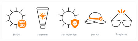 A set of 5 Sun Protection icons as spf 30, sunscreen, sun protection