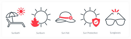 A set of 5 Sun Protection icons as sunbath, sunburn, sun hatのイラスト素材