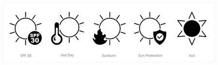A set of 5 Sun Protection icons as spf 30, hot day, sunburnのイラスト素材